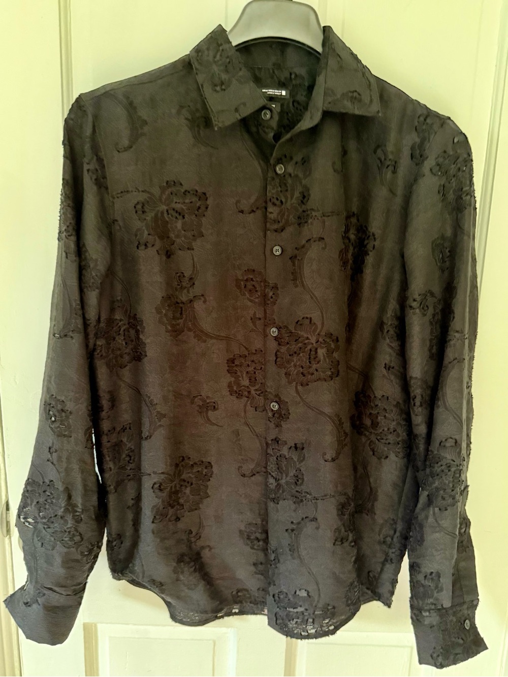 Zara Men's Dark Black Floral Jacquard Long Sleeve Shirt
